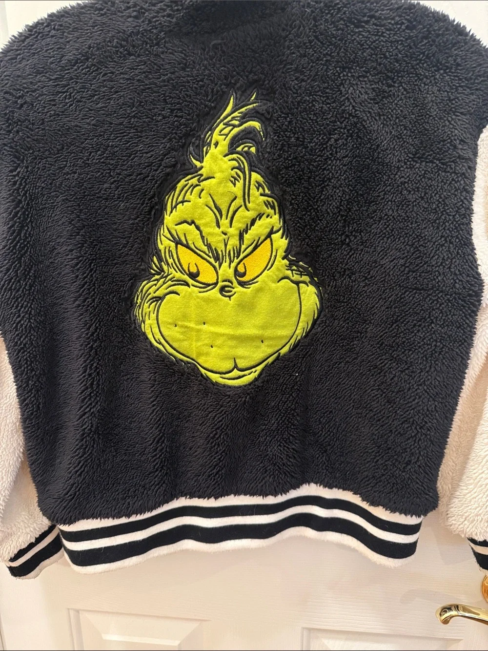 The Grinch Justice Black & White Varsity Style Jacket with Grinch Patch